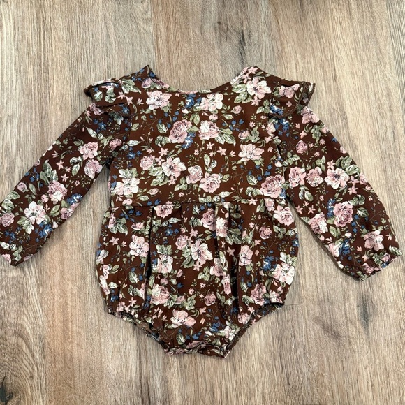 Bailey’s Blossom Romper Baby Girl 18-24 Mo Brown Floral Ruffle Fall Autumn Girly - Picture 1 of 6